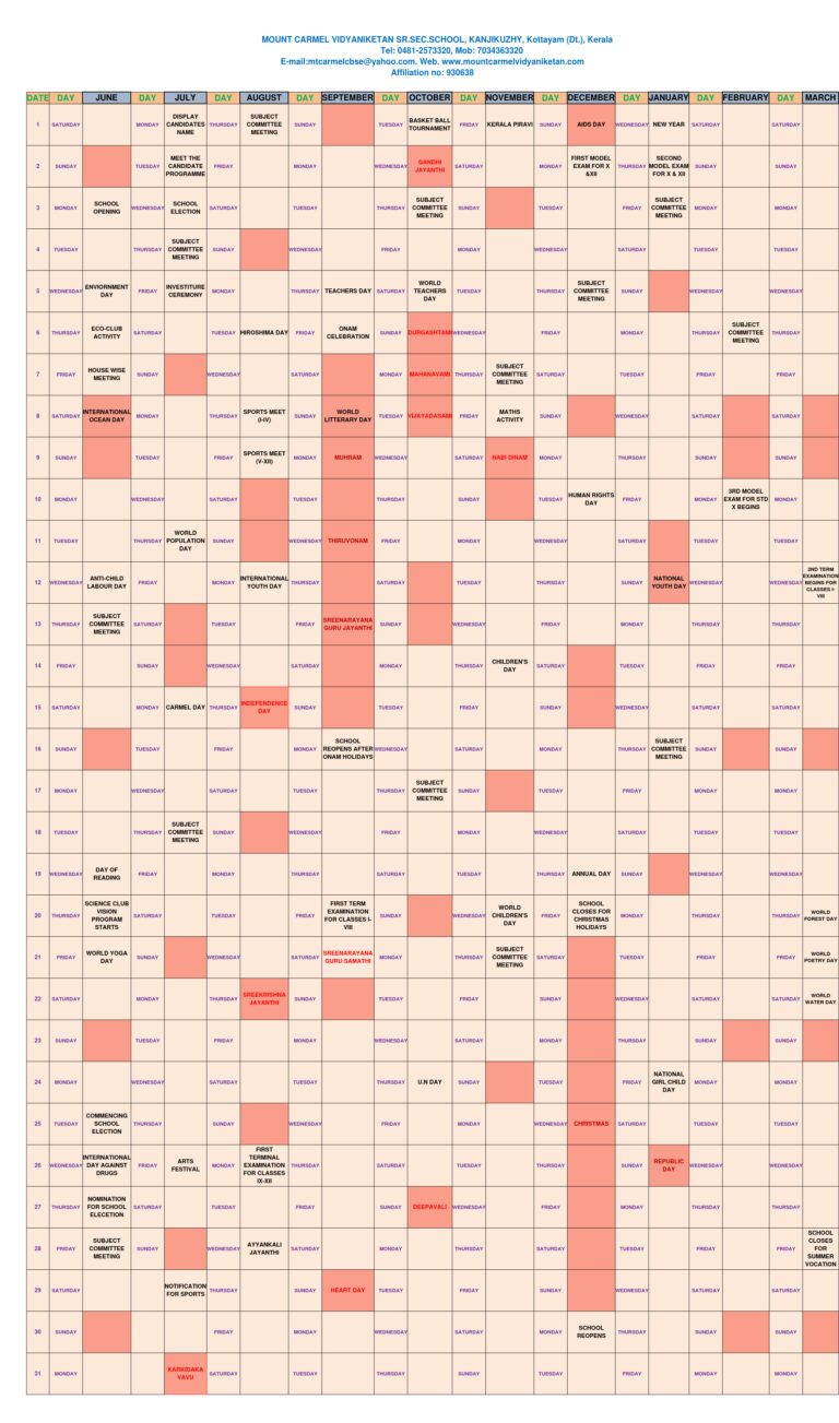 Academic Calendar Mount Carmel Vidyaniketan CBSE School Kottayam